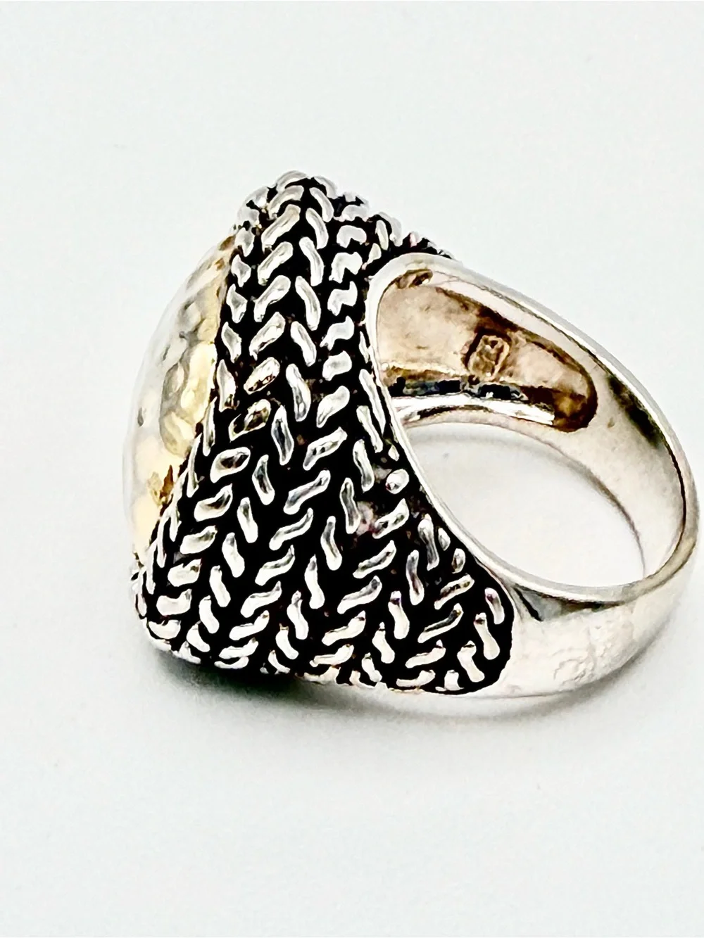 Vintage Hammered Sterling & Gold Vermeil Braided Rope Setting & Sides Ring